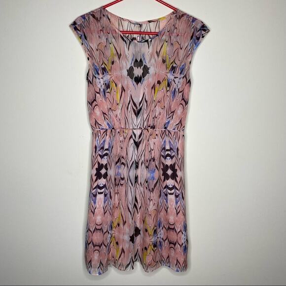 J Crew Silk Chiffon Dress Marble Print Pink Side Zip Pockets A-Line Size 2 - Picture 2 of 6